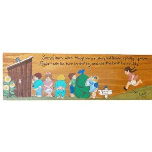 Signed LindaP Funny Vintage Wooden Sign With Hand-Painted Outhouse Scene